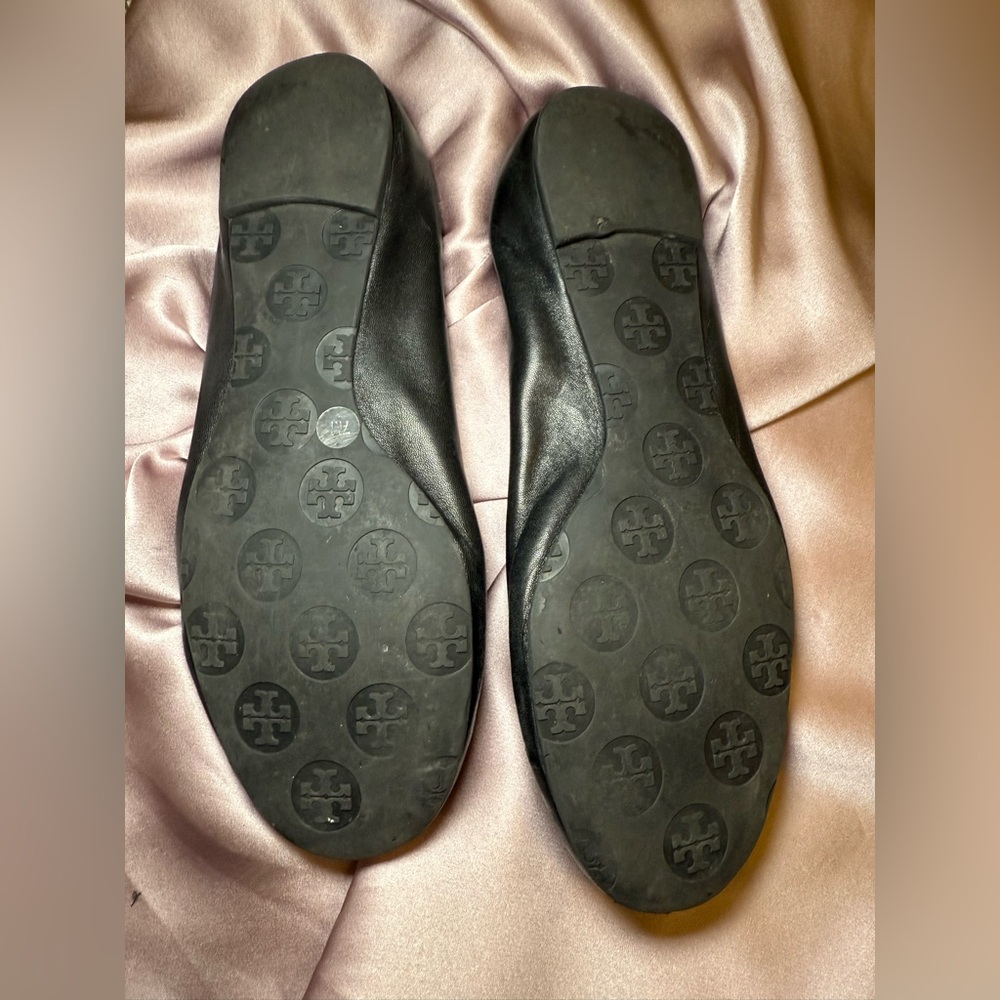 Tory Burch Black Leather Ballet Flats with Gold Logo Medallions - Picture 7 of 7